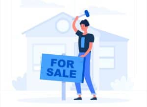 stylized graphic of a homeowner hammering a for sale sign in front of their home, confident.