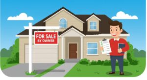 A Texas homeowner with a "For Sale By Owner" sign in their front yard, preparing for a home sale using an FSBO step-by-step checklist.